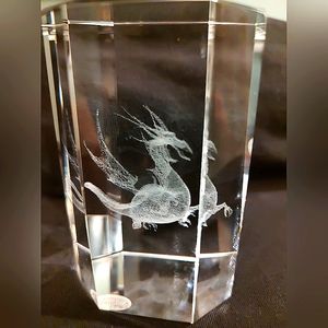 3D Hologram Laser Etched Winged Dragon Glass Cube Paperweight